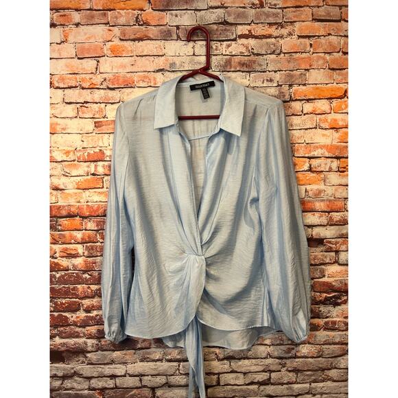 NEW Ellen Tracy front tie semi sheer blouse top long sleeve cloud blue women's M - Picture 1 of 6